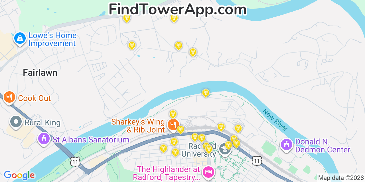 Map showing the 20 primary cell tower locations detected in Fairlawn, Virginia from AT&T, Verizon, and T-Mobile networks