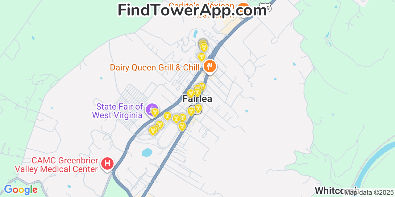 Map showing the 20 primary cell tower locations detected in Fairlea, West Virginia from AT&T, Verizon, and T-Mobile networks