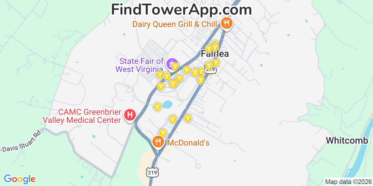 Map showing the 20 primary cell tower locations detected in Fairlea, West Virginia from AT&T, Verizon, and T-Mobile networks