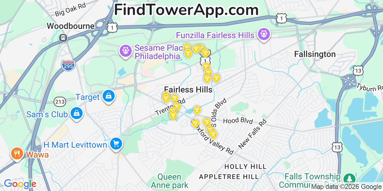 Map showing the 20 primary cell tower locations detected in Fairless Hills, Pennsylvania from AT&T, Verizon, and T-Mobile networks