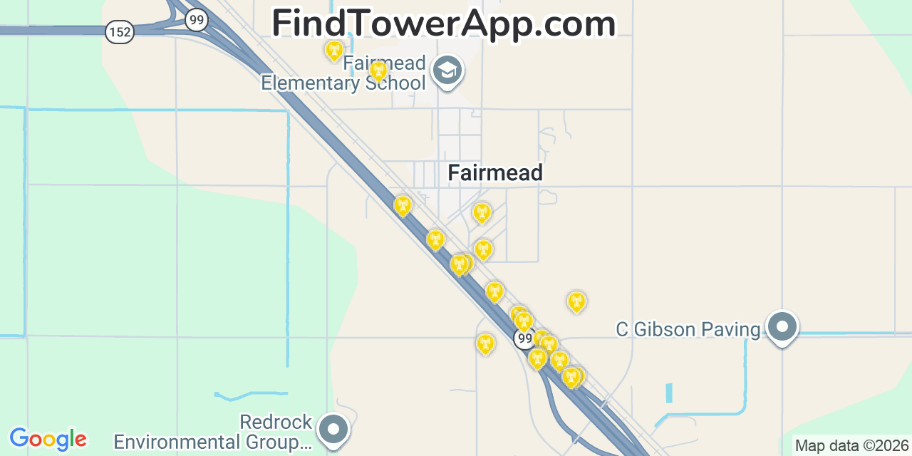 Map showing the 20 primary cell tower locations detected in Fairmead, California from AT&T, Verizon, and T-Mobile networks