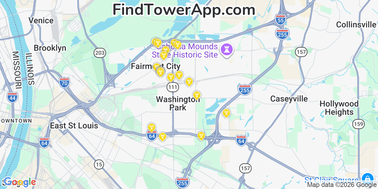 Map showing the 20 primary cell tower locations detected in Fairmont City, Illinois from AT&T, Verizon, and T-Mobile networks