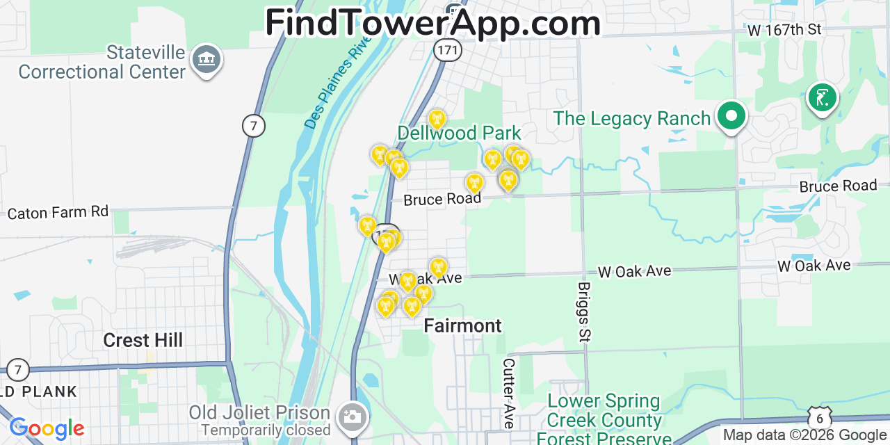 Map showing the 20 primary cell tower locations detected in Fairmont, Illinois from AT&T, Verizon, and T-Mobile networks