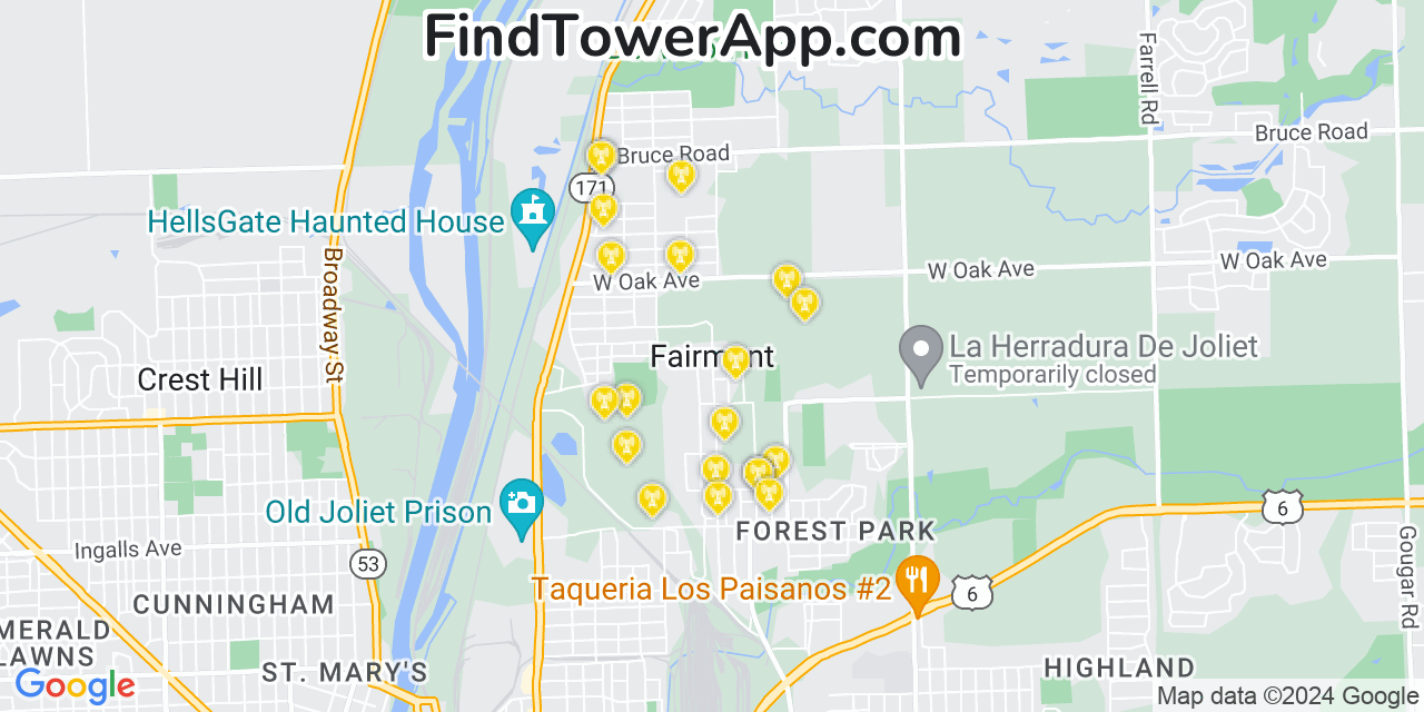 Verizon 4G/5G cell tower coverage map Fairmont, Illinois