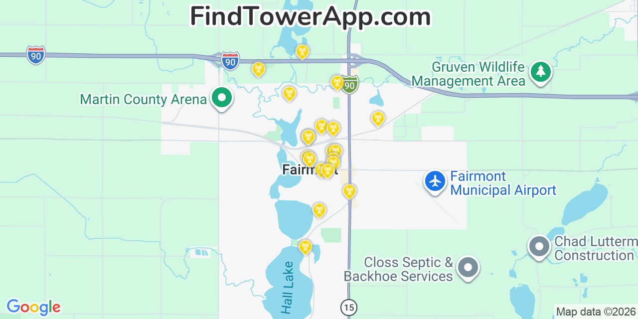 Map showing the 20 primary cell tower locations detected in Fairmont, Minnesota from AT&T, Verizon, and T-Mobile networks