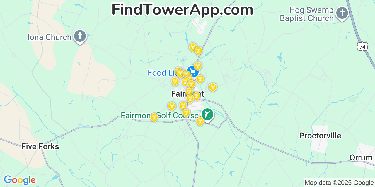 Map showing the 20 primary cell tower locations detected in Fairmont, North Carolina from AT&T, Verizon, and T-Mobile networks