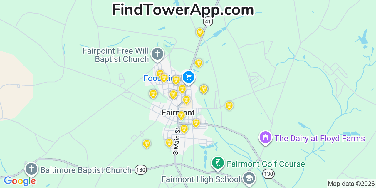 Map showing the 20 primary cell tower locations detected in Fairmont, North Carolina from AT&T, Verizon, and T-Mobile networks