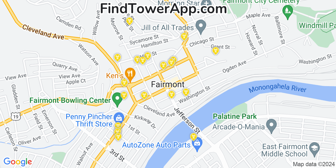 AT&T 4G/5G cell tower coverage map Fairmont, West Virginia