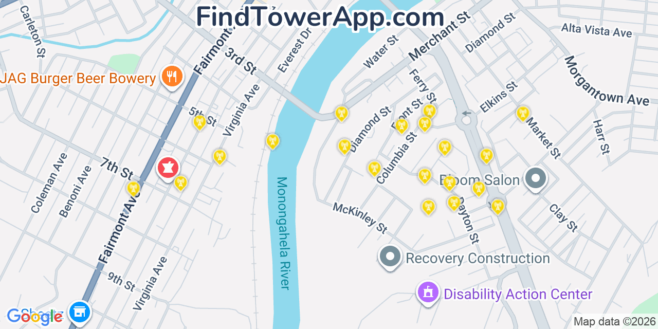 Map showing the 20 primary cell tower locations detected in Fairmont, West Virginia from AT&T, Verizon, and T-Mobile networks