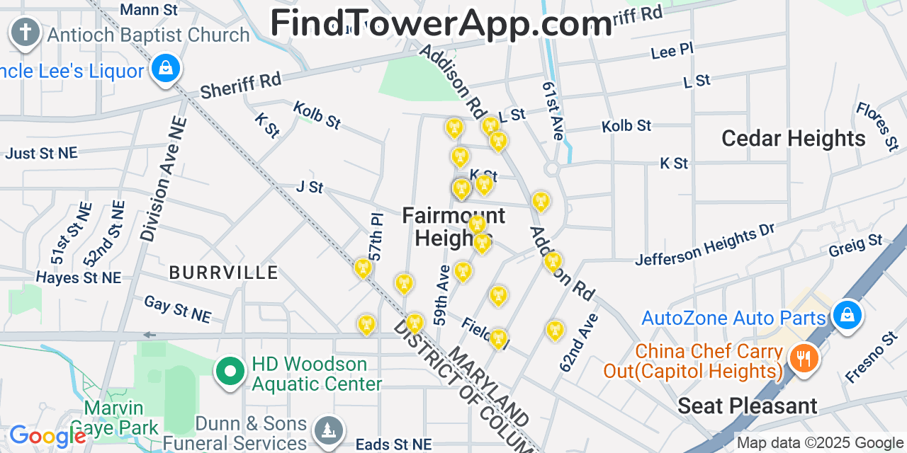 Map showing the 20 primary cell tower locations detected in Fairmount Heights, Maryland from AT&T, Verizon, and T-Mobile networks