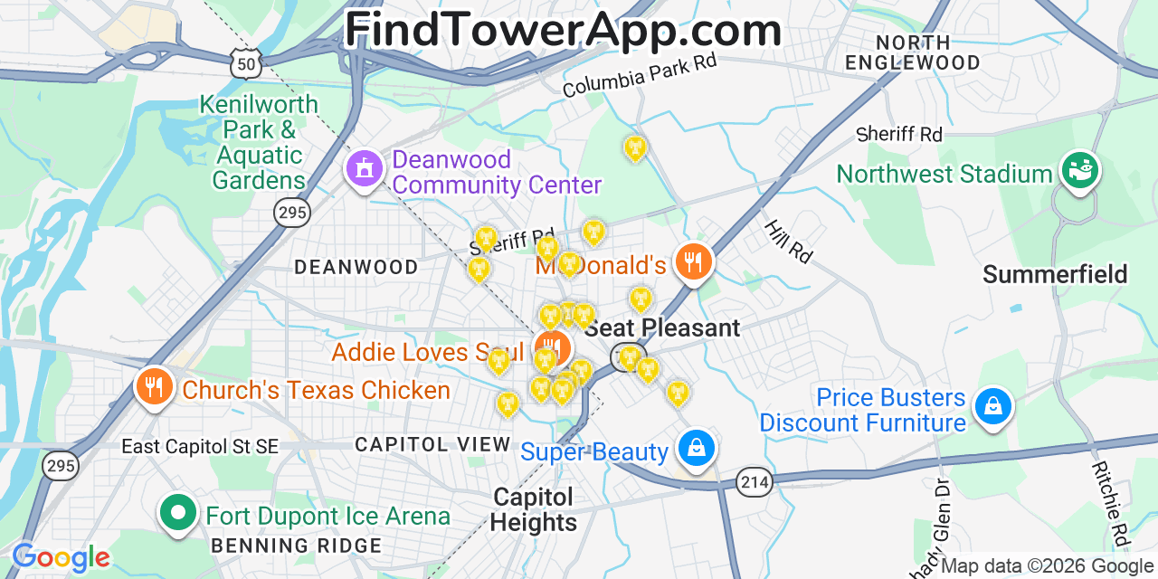 Map showing the 20 primary cell tower locations detected in Fairmount Heights, Maryland from AT&T, Verizon, and T-Mobile networks