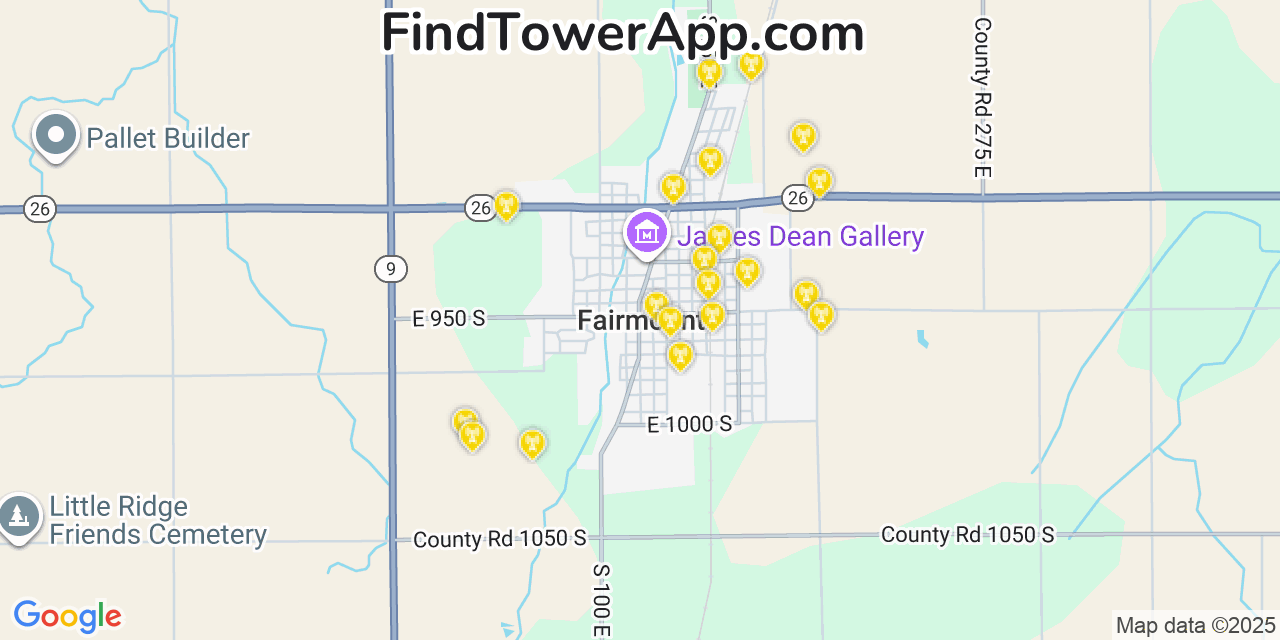 Map showing the 20 primary cell tower locations detected in Fairmount, Indiana from AT&T, Verizon, and T-Mobile networks