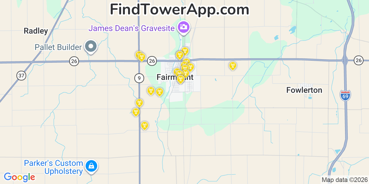 Map showing the 20 primary cell tower locations detected in Fairmount, Indiana from AT&T, Verizon, and T-Mobile networks