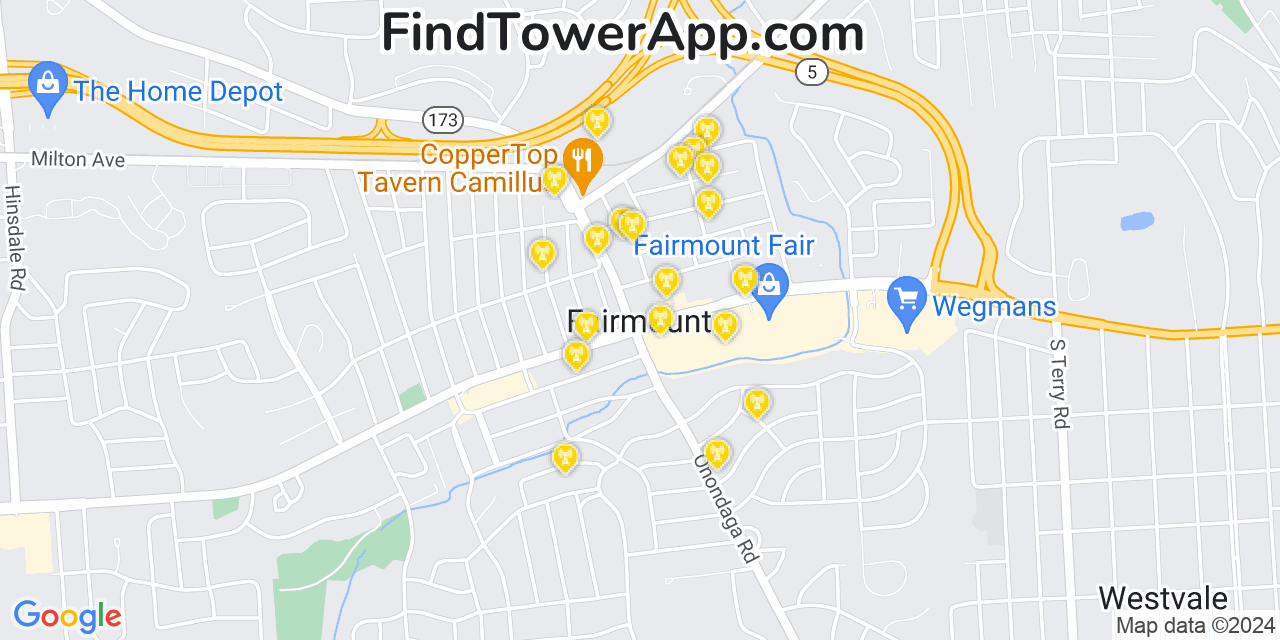 AT&T 4G/5G cell tower coverage map Fairmount, New York