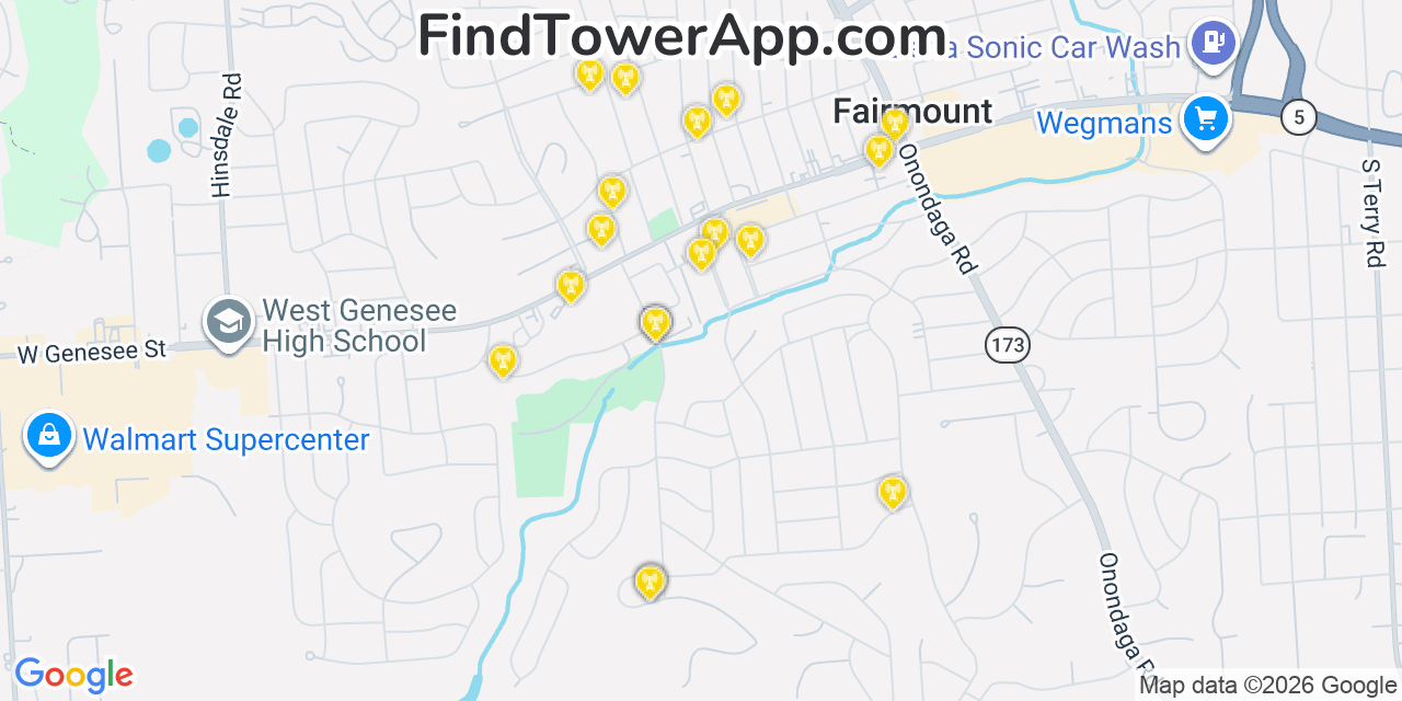 Map showing the 20 primary cell tower locations detected in Fairmount, New York from AT&T, Verizon, and T-Mobile networks