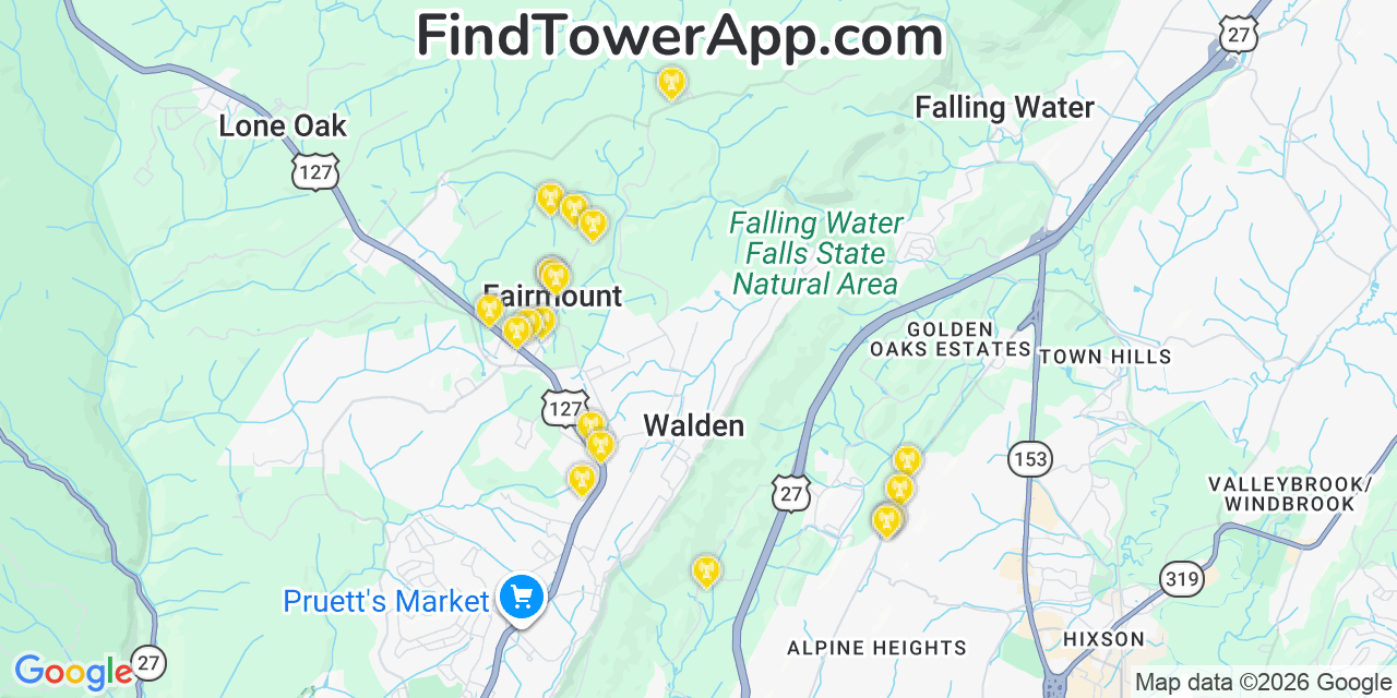 Map showing the 20 primary cell tower locations detected in Fairmount, Tennessee from AT&T, Verizon, and T-Mobile networks