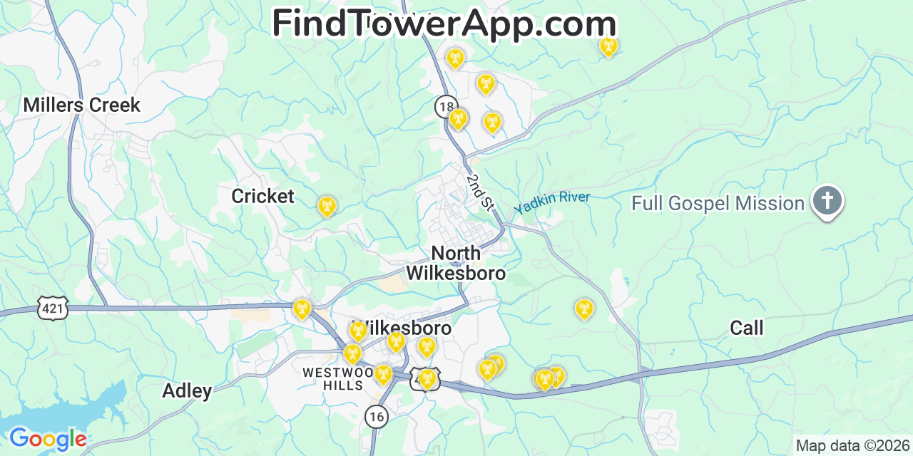 Map showing the 20 primary cell tower locations detected in Fairplains, North Carolina from AT&T, Verizon, and T-Mobile networks