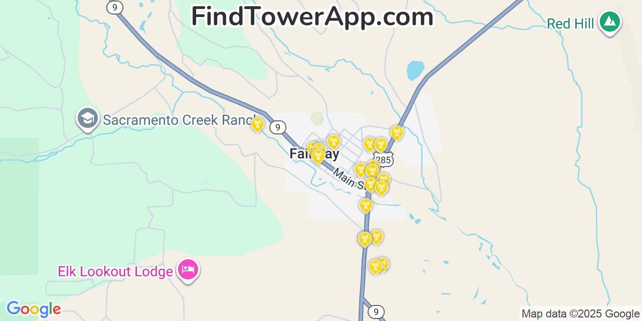 Map showing the 20 primary cell tower locations detected in Fairplay, Colorado from AT&T, Verizon, and T-Mobile networks