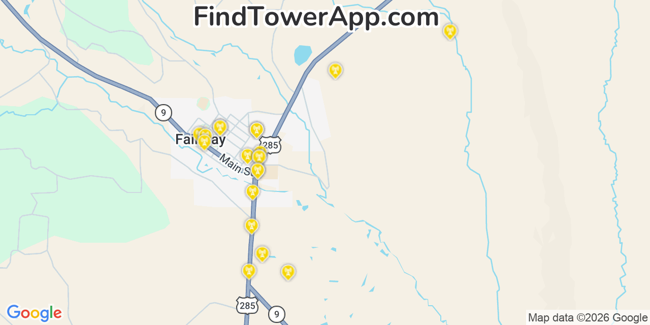 Map showing the 20 primary cell tower locations detected in Fairplay, Colorado from AT&T, Verizon, and T-Mobile networks
