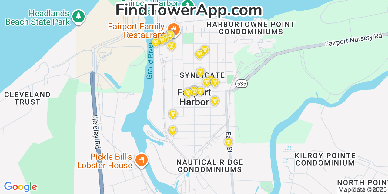 Map showing the 20 primary cell tower locations detected in Fairport Harbor, Ohio from AT&T, Verizon, and T-Mobile networks
