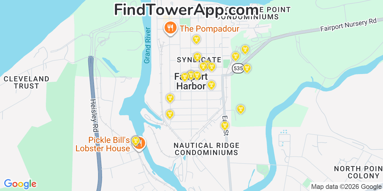 Map showing the 20 primary cell tower locations detected in Fairport Harbor, Ohio from AT&T, Verizon, and T-Mobile networks