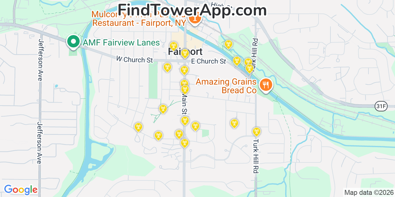 Map showing the 20 primary cell tower locations detected in Fairport, New York from AT&T, Verizon, and T-Mobile networks