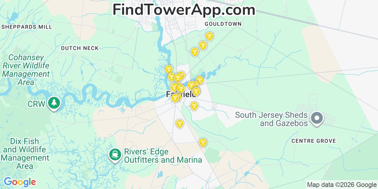 Map showing the 20 primary cell tower locations detected in Fairton, New Jersey from AT&T, Verizon, and T-Mobile networks