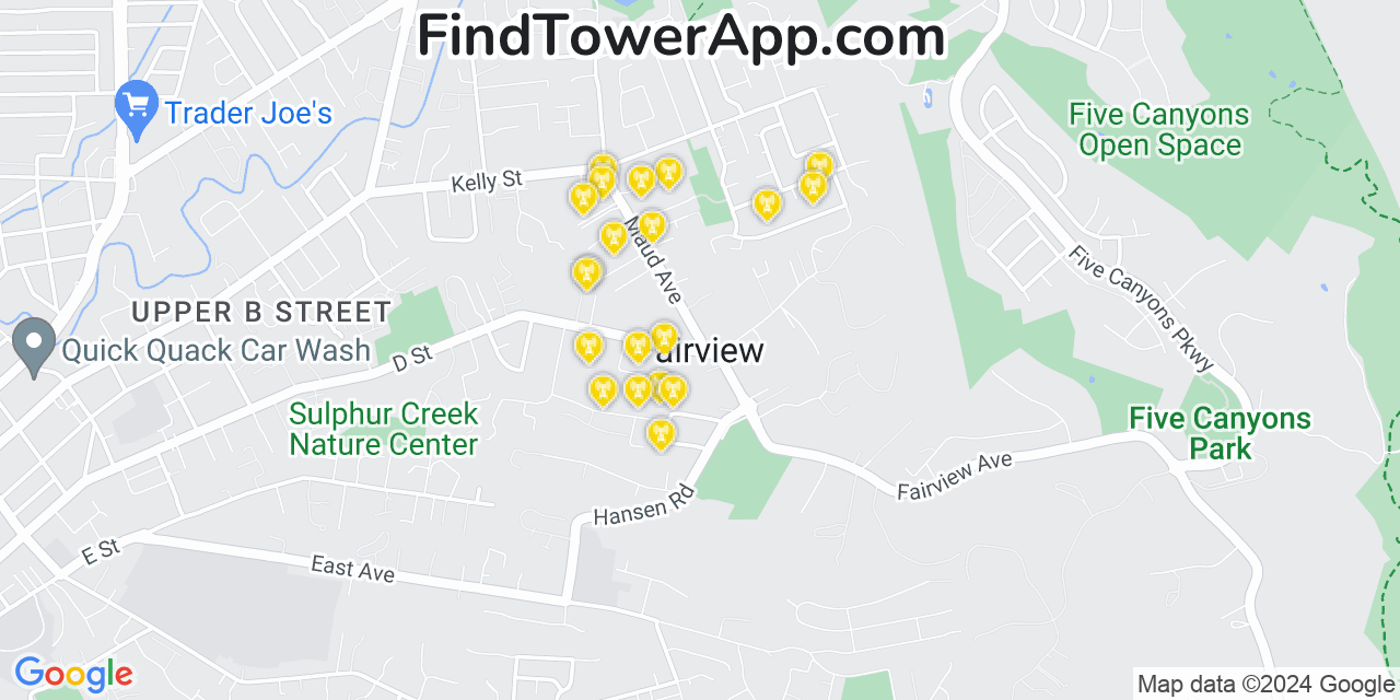 AT&T 4G/5G cell tower coverage map Fairview, California