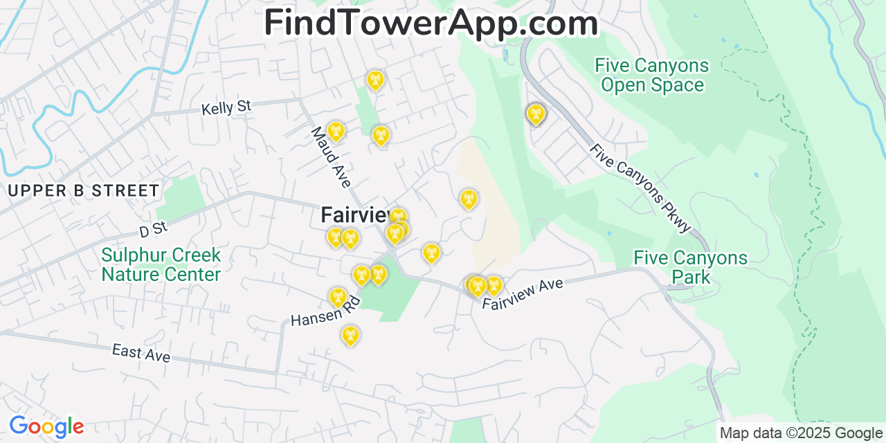 Map showing the 20 primary cell tower locations detected in Fairview, California from AT&T, Verizon, and T-Mobile networks
