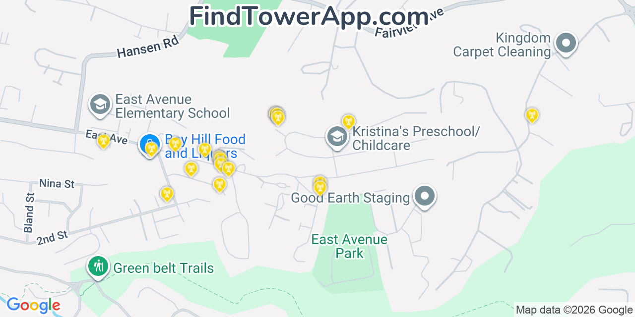 Map showing the 20 primary cell tower locations detected in Fairview, California from AT&T, Verizon, and T-Mobile networks