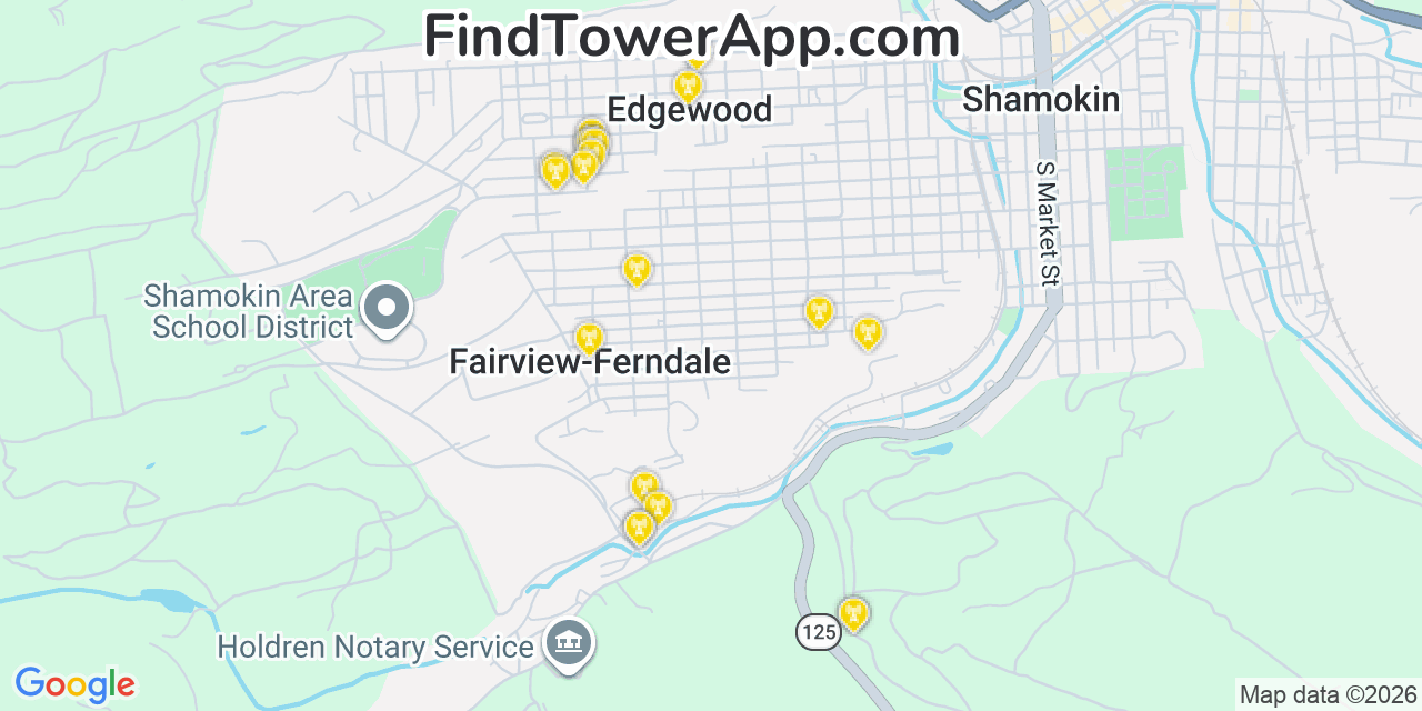 Map showing the 20 primary cell tower locations detected in Fairview Ferndale, Pennsylvania from AT&T, Verizon, and T-Mobile networks