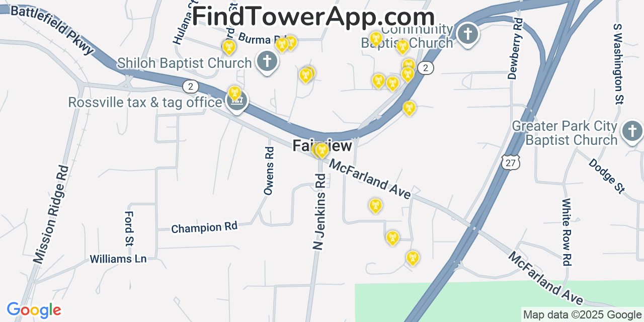Map showing the 20 primary cell tower locations detected in Fairview, Georgia from AT&T, Verizon, and T-Mobile networks