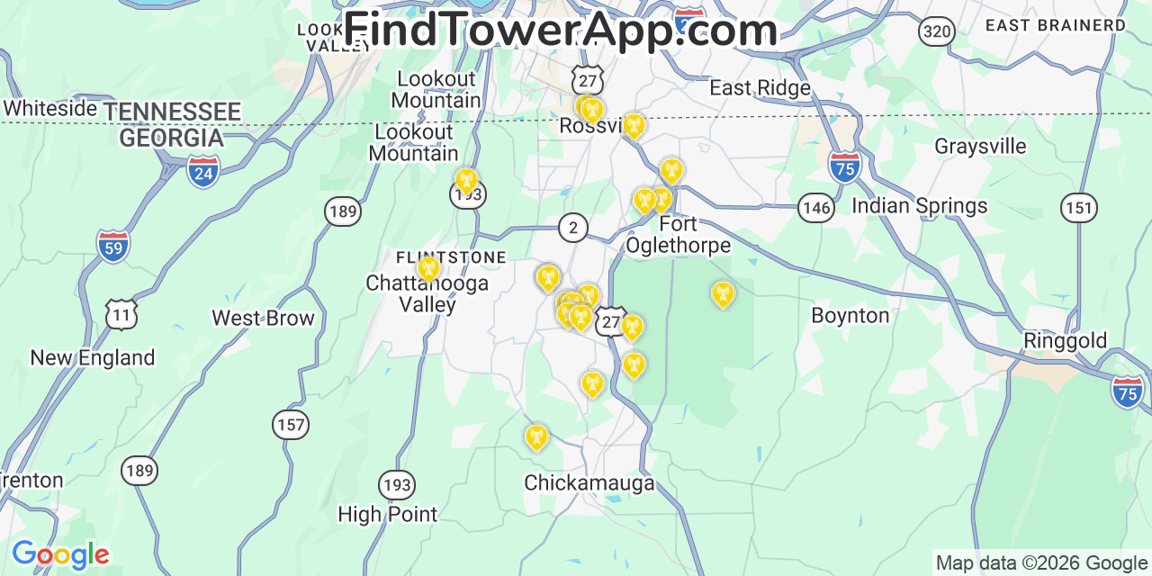 Map showing the 20 primary cell tower locations detected in Fairview, Georgia from AT&T, Verizon, and T-Mobile networks