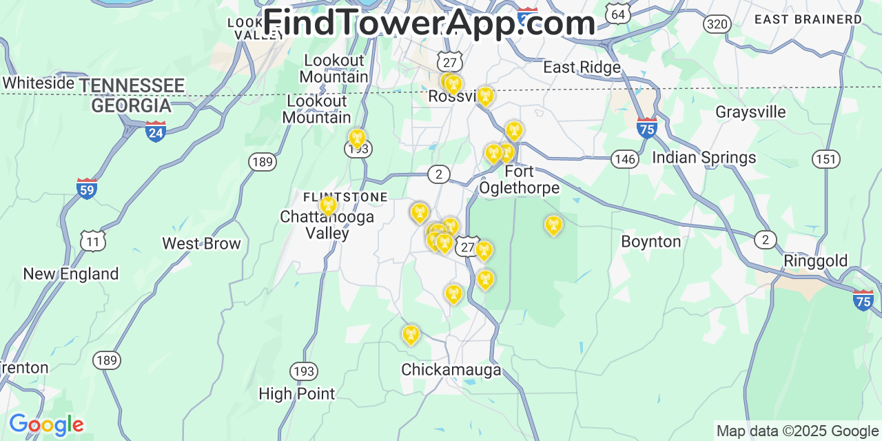 Map showing the 20 primary Mobitel cell tower locations detected in Fairview, Georgia with coverage radius and signal strength indicators