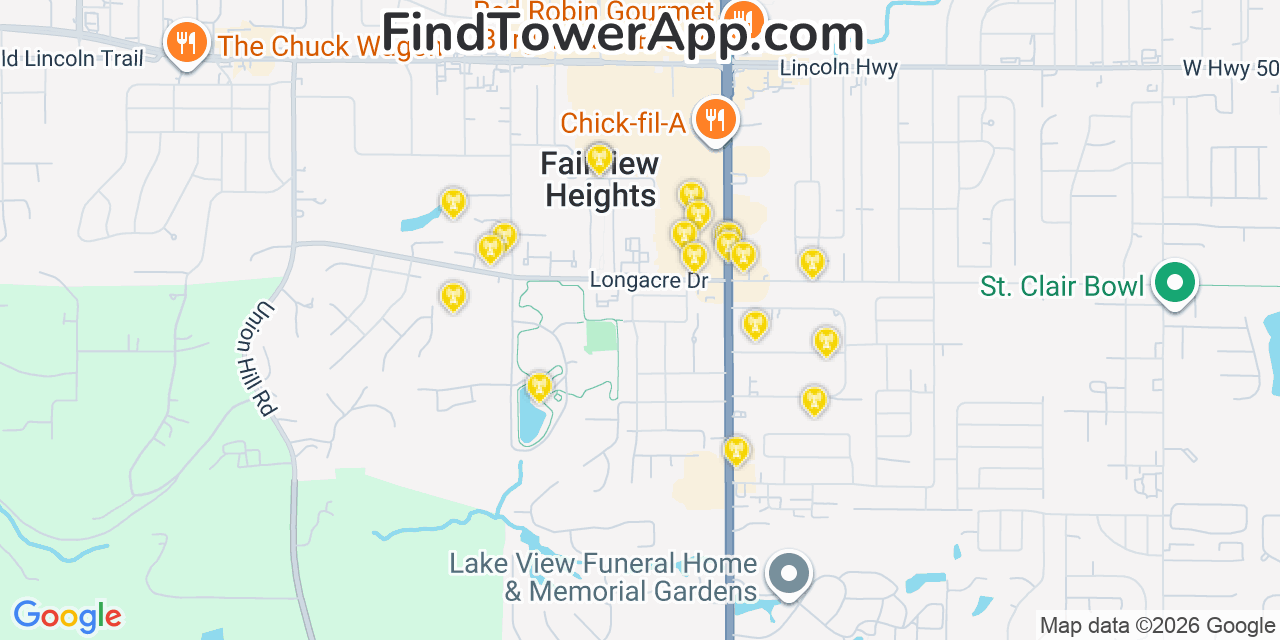 Map showing the 20 primary cell tower locations detected in Fairview Heights, Illinois from AT&T, Verizon, and T-Mobile networks