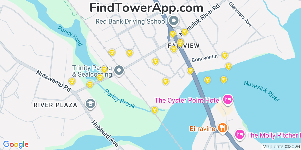Map showing the 20 primary cell tower locations detected in Fairview, New Jersey from AT&T, Verizon, and T-Mobile networks