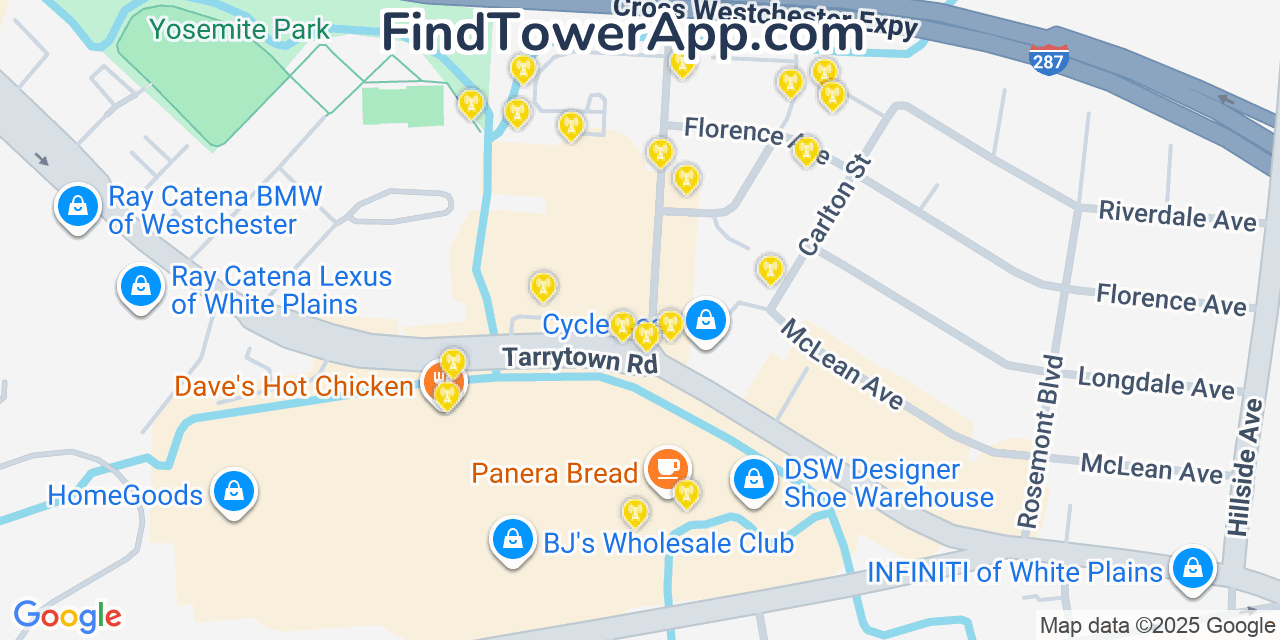 Map showing the 20 primary cell tower locations detected in Fairview, New York from AT&T, Verizon, and T-Mobile networks