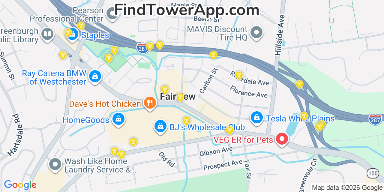 Map showing the 20 primary cell tower locations detected in Fairview, New York from AT&T, Verizon, and T-Mobile networks