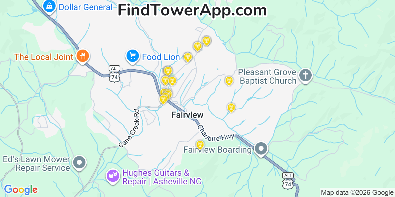 Map showing the 20 primary cell tower locations detected in Fairview, North Carolina from AT&T, Verizon, and T-Mobile networks