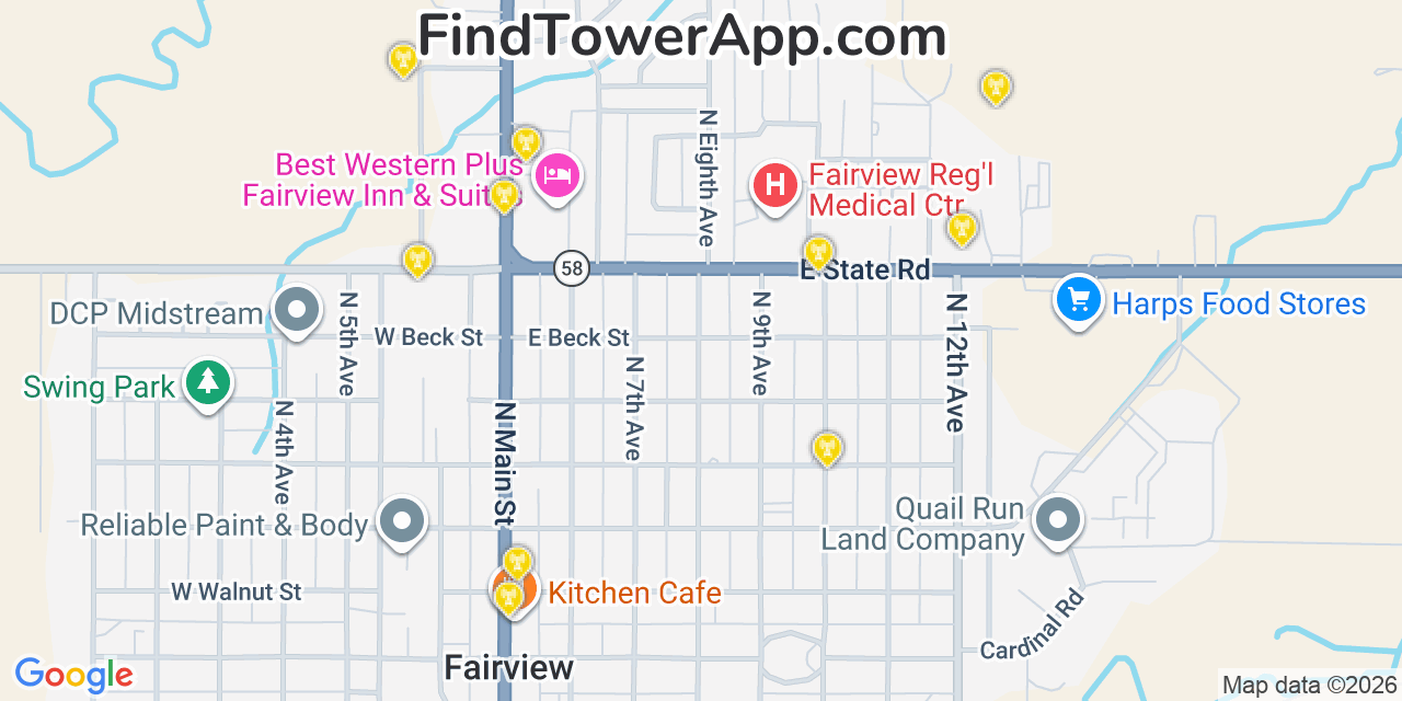 Map showing the 20 primary cell tower locations detected in Fairview, Oklahoma from AT&T, Verizon, and T-Mobile networks