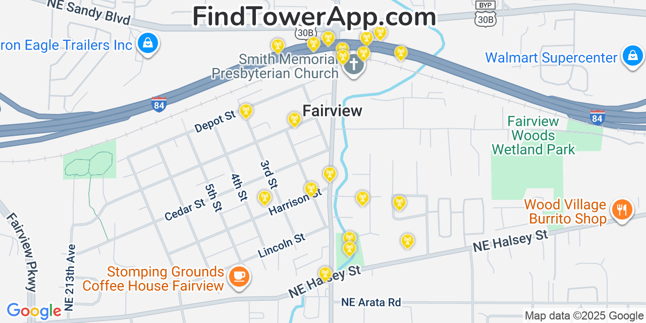 Map showing the 20 primary cell tower locations detected in Fairview, Oregon from AT&T, Verizon, and T-Mobile networks
