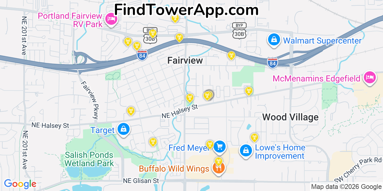 Map showing the 20 primary cell tower locations detected in Fairview, Oregon from AT&T, Verizon, and T-Mobile networks