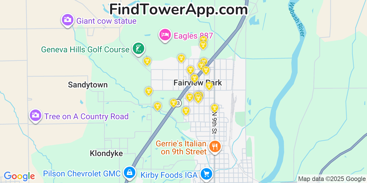 Map showing the 20 primary cell tower locations detected in Fairview Park, Indiana from AT&T, Verizon, and T-Mobile networks