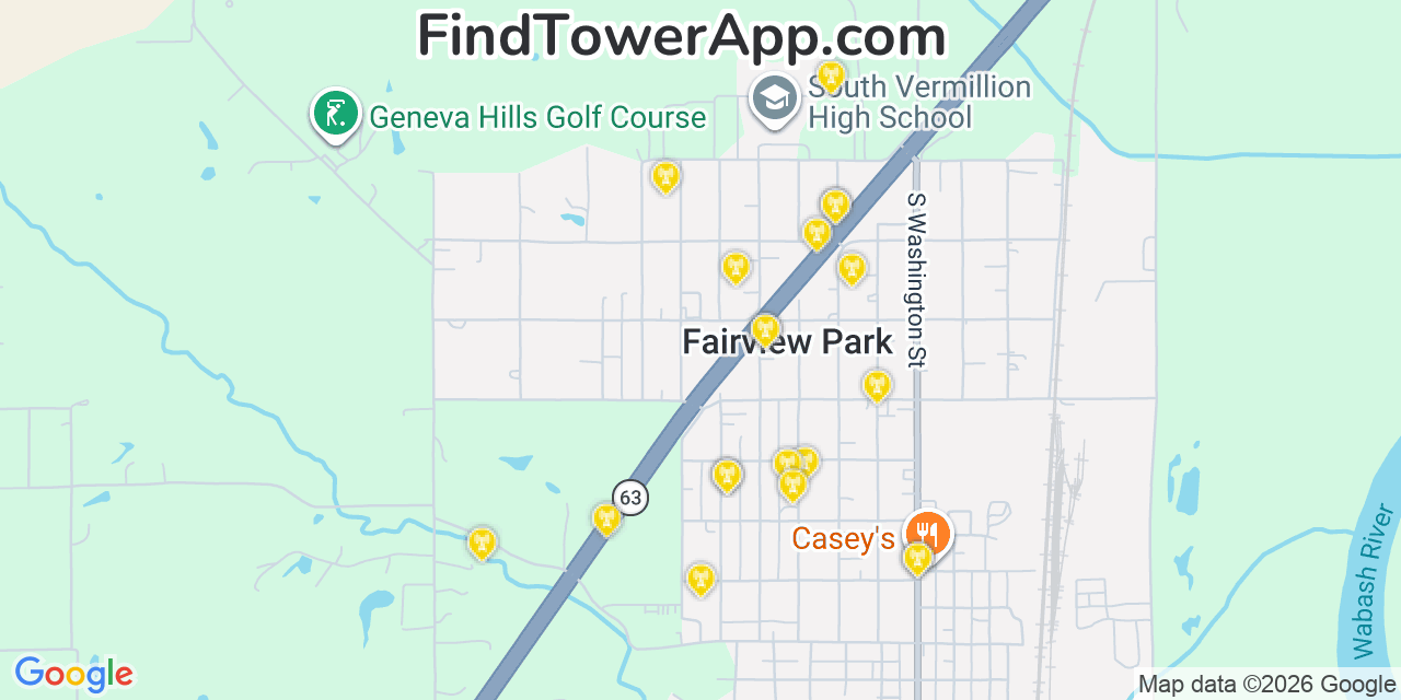 Map showing the 20 primary cell tower locations detected in Fairview Park, Indiana from AT&T, Verizon, and T-Mobile networks