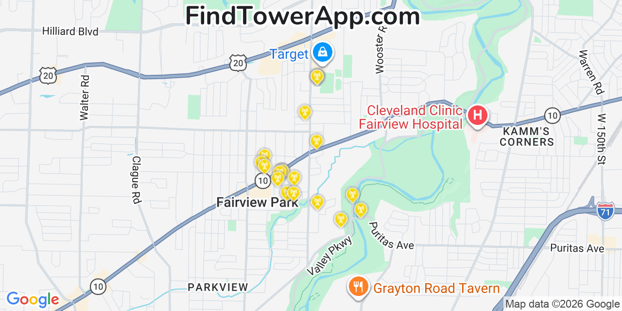 Map showing the 20 primary cell tower locations detected in Fairview Park, Ohio from AT&T, Verizon, and T-Mobile networks