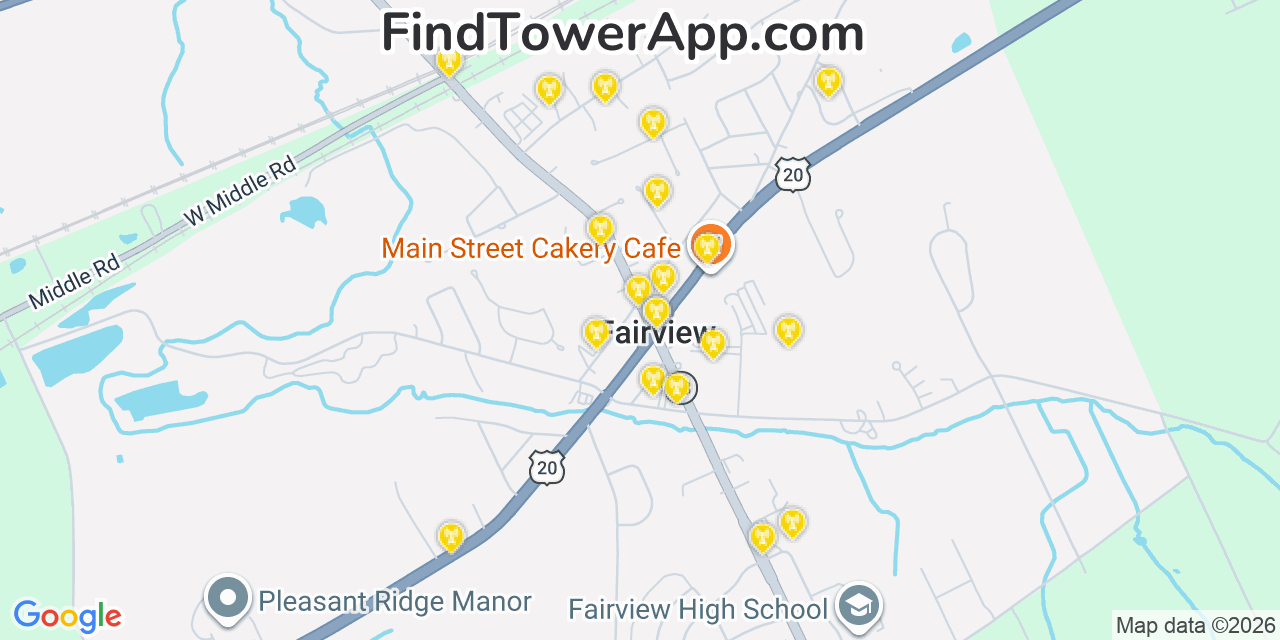 Map showing the 20 primary cell tower locations detected in Fairview, Pennsylvania from AT&T, Verizon, and T-Mobile networks