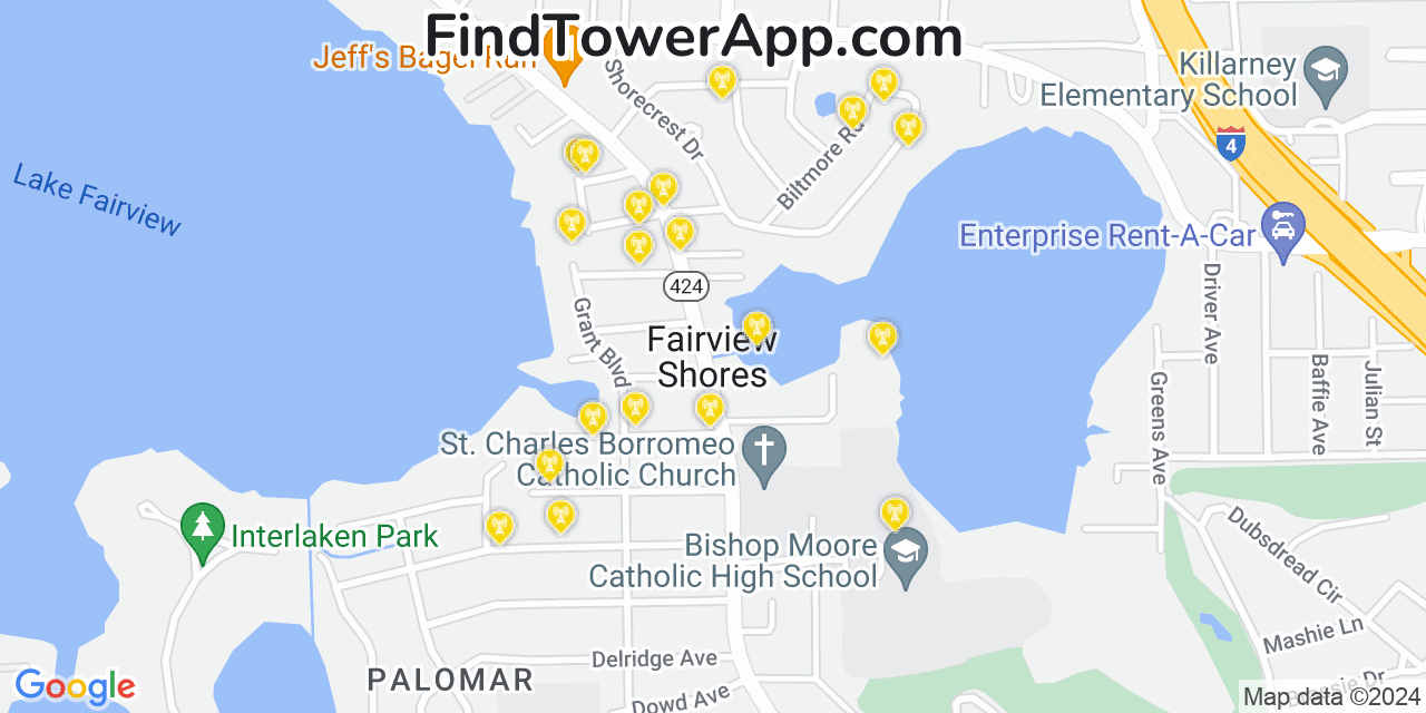 AT&T 4G/5G cell tower coverage map Fairview Shores, Florida