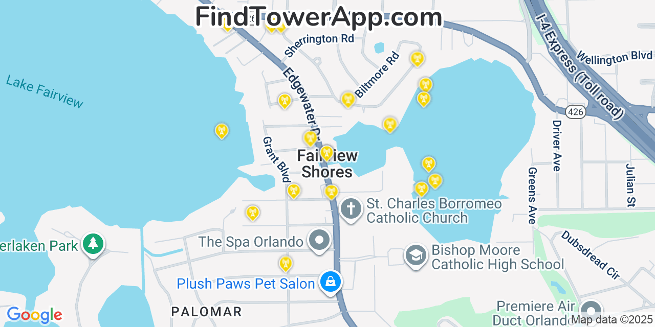 Map showing the 20 primary cell tower locations detected in Fairview Shores, Florida from AT&T, Verizon, and T-Mobile networks