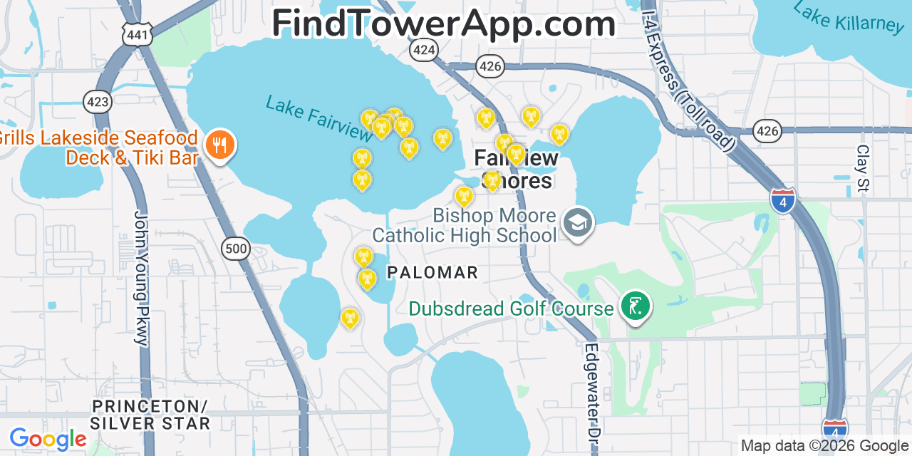 Map showing the 20 primary cell tower locations detected in Fairview Shores, Florida from AT&T, Verizon, and T-Mobile networks