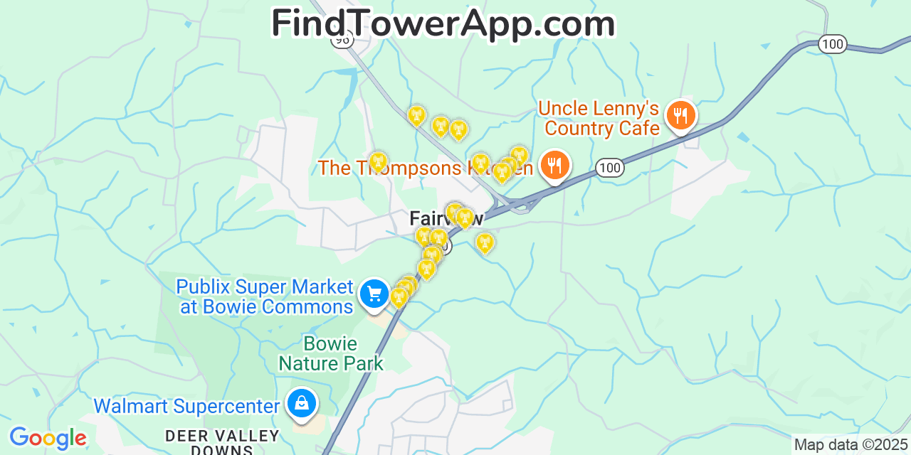Map showing the 20 primary cell tower locations detected in Fairview, Tennessee from AT&T, Verizon, and T-Mobile networks